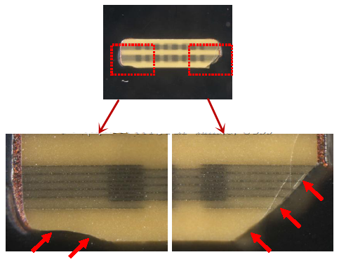 從破裂的現(xiàn)象與電容廠商切片的照片看來，破裂的痕跡從端接處以斜角裂開，電容零件的確像是機(jī)械外應(yīng)力所造成的破裂。