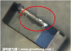 使用錫(Sn)鍍層的電源電感器(Power Inductors)，經(jīng)過推力測試后，其焊點還保留在零件的端點上，所以推力比較高。