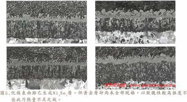下面四圖顯示，當(dāng)焊接的熱量不足或未持續(xù)時，雖然Ni3Sn4的薄薄IMC層已經(jīng)生成而焊牢，但也會因?yàn)锳uSn及AuSn2還未來得及逸走，而停留在共金介面附近，當(dāng)有外力拉扯的時候，就很容易斷裂開來。這就是為何ENIG的焊點(diǎn)強(qiáng)度，始終不如銅面焊點(diǎn)(Cu6Sn5)來得更為牢固的主因之一。