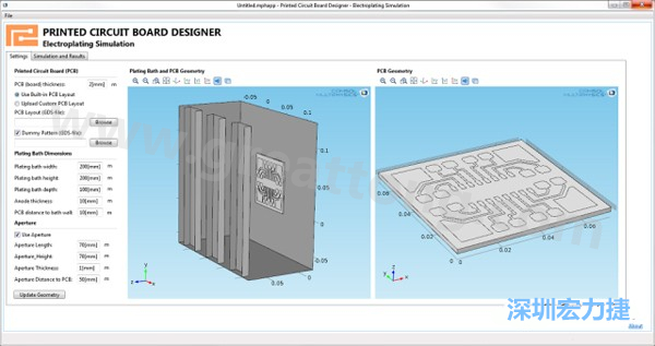 電鍍App允許PCB板設(shè)計(jì)人員導(dǎo)入不同的設(shè)計(jì)(包含或不含虛置圖形)，點(diǎn)擊計(jì)算，然后就能查看所仿真的厚度均勻性-深圳宏力捷