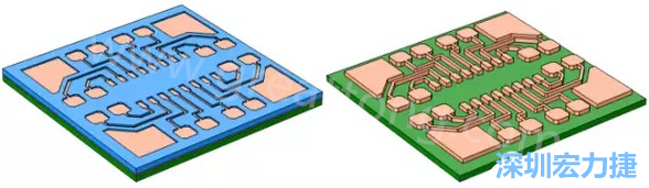 銅被電鍍在導(dǎo)電種子層之上，從而填滿了PCB板上的圖形化光刻膠腔體(左)。清除光刻膠，蝕刻暴露出的種子層以分隔開不同的銅線(右)-深圳宏力捷
