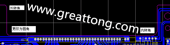 PCB設(shè)計(jì)時(shí)單面板的轉(zhuǎn)角都需為圓角，R1.0mm或R2.0mm為宜。