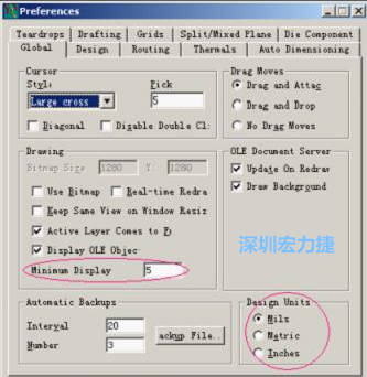改單位Global→Design Units；改最小顯示線寬Global→Drawing