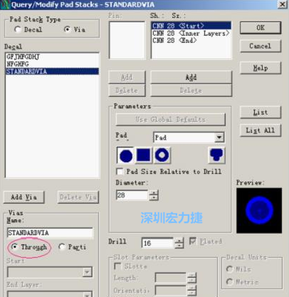 分析文件完成后，點擊菜單Setup→Pad Stacks調(diào)出焊盤堆設(shè)置窗口，將Pad Stack Type改為Via