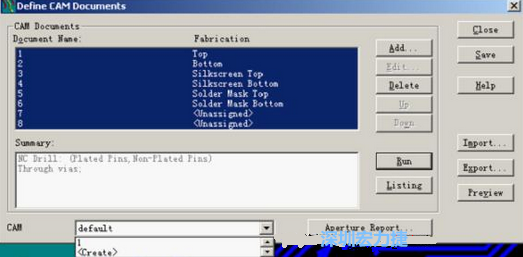 回到Dsfine CAM Documents窗口 ，將所有須輸出的文件用鼠標拉住選擇，按Run輸出，默認輸出路徑是安裝目錄的\CAM\default，也可按CAM的Create更改