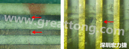 一旦找到確切的銅箔線路斷裂位置，如果還是無法觀察到斷裂的現(xiàn)象，就試著在顯微鏡下彎曲該位置的軟板，這樣就可以突顯并放大斷裂銅箔的開口了。 