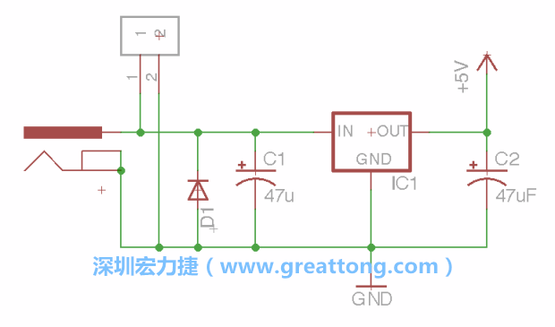 2.5.    新增一個二極體，它會以水平的狀態(tài)出現(xiàn)在屏幕上，請使用「旋轉(zhuǎn)（Rotate）」工具把它負極那一面朝上，并且用「網(wǎng)絡連接」工具將它連接在電壓調(diào)整器的輸入端和接地端之間。