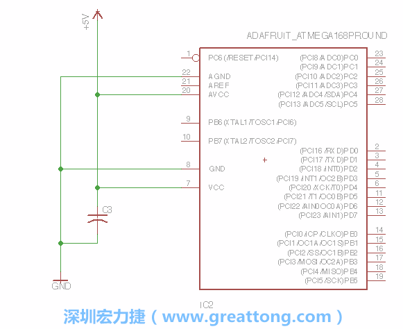 3.1.    新增微控制器晶片（RBBB → ATmega），把它放在電路原理圖的中央附近，把它的兩個(gè)接地接頭連接到接地訊號端。