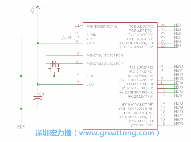 3.3.    將共鳴器（resonator）放置在針腳9和針腳10附近，將它的三個(gè)針腳連接如圖所示，并確認(rèn)最中間的針腳有連到接地端。
