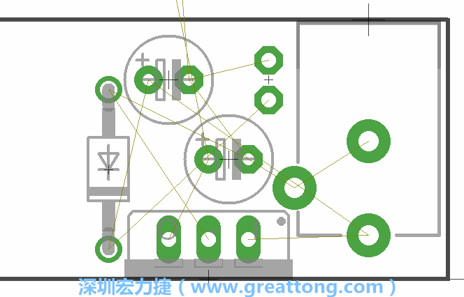 如同第一篇的步驟，我們將從電源迴路開(kāi)始著手，移動(dòng)電源插座（Power Jack）、電壓調(diào)整器、二極體、兩個(gè)電容和輔助接頭JP1到如上圖所示的位置。