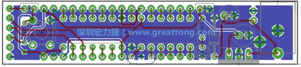 第二篇文章則帶領(lǐng)你進(jìn)行電路板上的布線、連結(jié)點(diǎn)的配置，并利用「設(shè)計(jì)規(guī)則檢查（Design Rule Check）」測試你的設(shè)計(jì)，第二篇文章的電路板設(shè)計(jì)圖將如下所示：