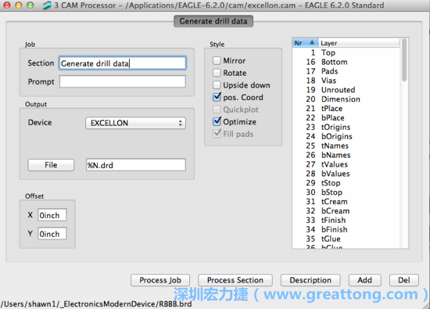 打開「excellon.cam」的工作項(xiàng)目并建立drill文件（副檔名為「.dri」和「.drd」），之后你只會(huì)用到「.drd」的文件檔；「.dri」的文件只是解釋用資料（所謂后設(shè)資料）而已。