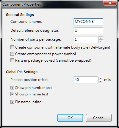 按下工具  "Create a new component"， 出現(xiàn)底下畫面， 按下OK后， 產(chǎn)生MYCONN3/U? 文字重迭在一在， 把它們分開(用mouse選擇并按下"M"， 即可移動)