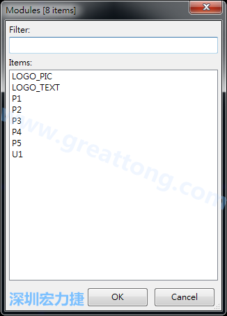 從目前正在編輯的PCB載入Module， 會顯示有那些項目可載入。點選一個， OK后即完成載入