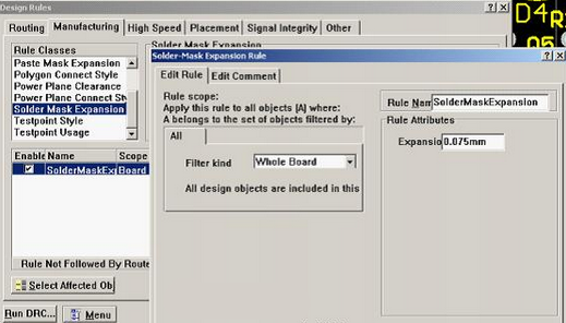 5. 而對(duì)于阻焊的調(diào)整則可以通過(guò)按D、R調(diào)出[Manufacturing]制作設(shè)計(jì)規(guī)則的[Solder-Mask Expansion Rule]設(shè)置項(xiàng)直接設(shè)定單邊放大值