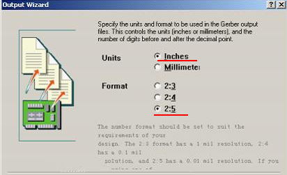在上圖中選擇“Inches 2：5”，以確保資料精度，反之線寬、線距或孔有偏移現(xiàn)象