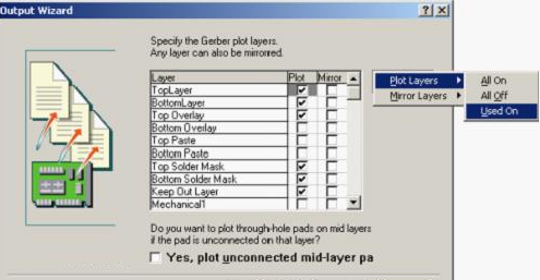 按“Next”，點(diǎn)擊“Menu”將Plot Layers置為Used On，Mirror Layers置為All Off后按“Next”