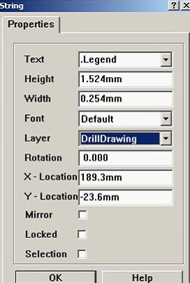 7. 放置分孔圖，按“P、S”在圖形的右下角放置一字符串，并雙擊打開(kāi)，將Text改為。Legend；Layer改為DrillDrawing即可